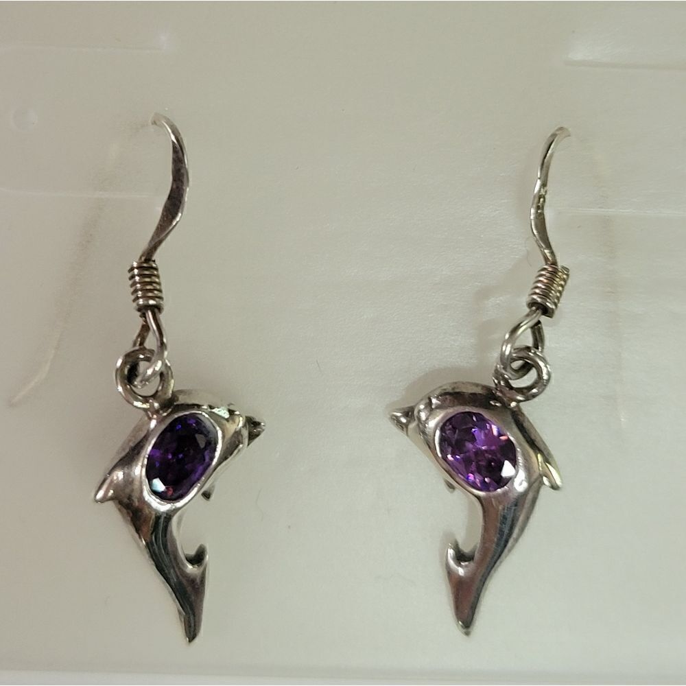 Sterling Silver Dolphin Amethyst Hook Earrings